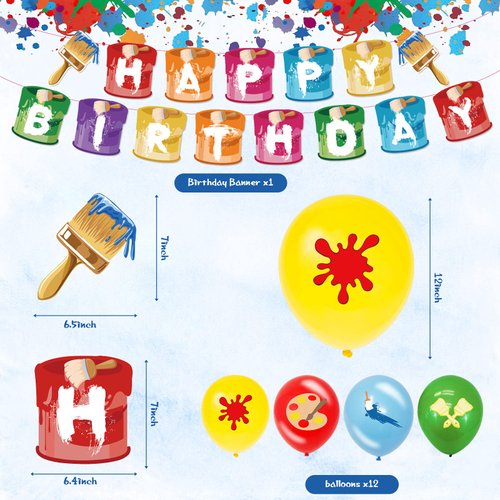 48 Pieces Art Birthday Party Supplies Paint Party Decorations Colorful Latex Balloons Birthday Banner Hanging Swirl Cake Cupcake Toppers for Art Painting Themed Birthday Party Baby Shower