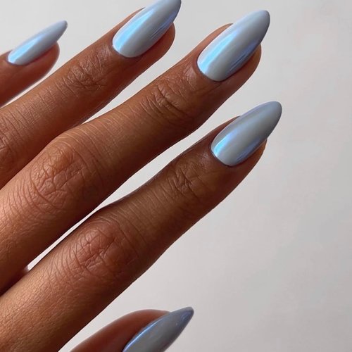 Blue Aurora Press on Nails Medium Almond Long, Mirror Chrome Fake Acrylic Nails Press ons in 24 PCS, Reusable Glue on Nails for Girls Women Daily Party Wear