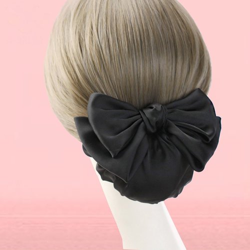 YICLBRREA Professional Hair Bun Cover Set for Women - Black Barrette with Net Chignon, Black Hair Clips with Nets for Buns, Black Ribbon Ties