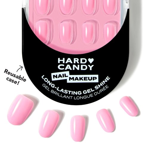 Hard Candy Press On Nails, Reusable with Gel Shine Finish, CUTE, Pink Nails, Round Almond Nails with Nail Glue and Travel Case