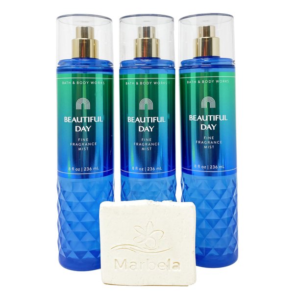 Bath & Body Works Beautiful Day - 3 Pack Of Fine Fragrance Mist With a Natural Oats Sample Soap.