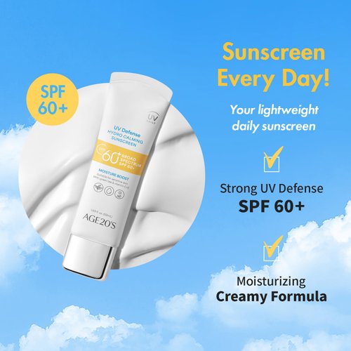 AGE20'S UV Defense Hydro Sunscreen SPF 60+ | Moisturizing Creamy Formula, No White Cast, Lightweight Finish | Green Tea + Aloe Vera + Vitamin C | Dermatest Excellent | Twin Pack 1.69 fl.oz*2