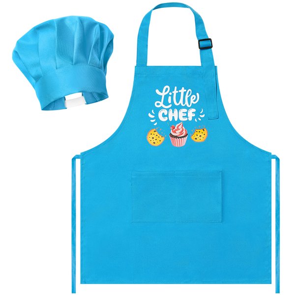 R HORSE 2 Pcs Kid Apron and Chef Hat Set, Adjustable Children Blue Kitchen Apron Cooking Baking Painting and Training Kits Dress up Role Play Chef Toy Kid Funny Cooking Gift New Year