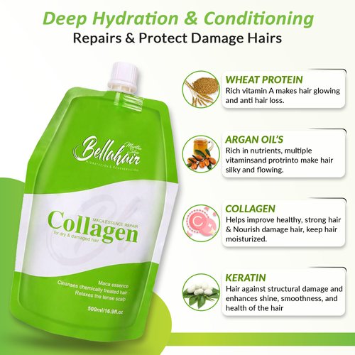 Bellahair Hydrating Collagen Hair Mask for Dry Damaged Hair and Growth - Hydrolyzed Keratin, Protein, SheaButter, Argon Oil & Botanical Extracts - Deep Repairs, Smooths & Strengthens All Hair-17Oz
