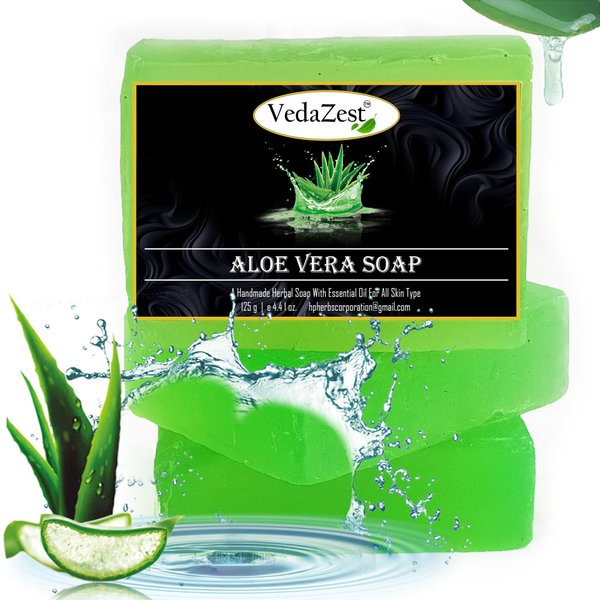 Vedazest Aloevera Handmade Soap Bar, 125g each, Herbal Bathing Bar for Healthy Skin, Natural Soap with Essential Oils for All Skin Types, Set of 3