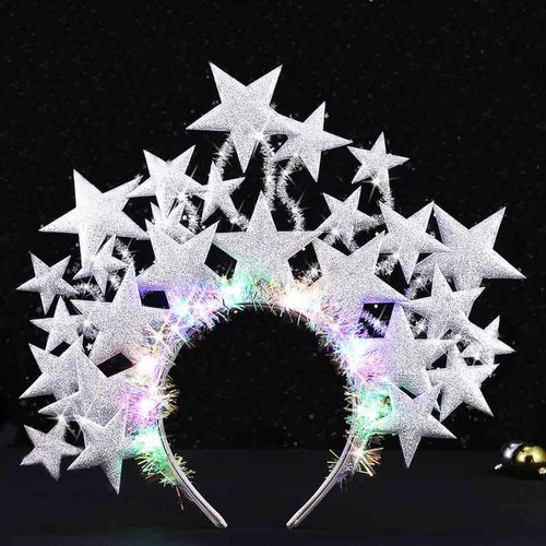 GENBREE Light Up Stars Headbands Sparkly Led Christmas Hair Band Disco Party Costume Hair Accessories for Women (Silver)