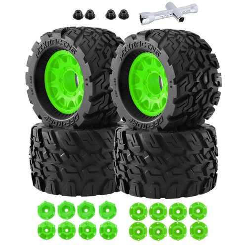 Rcarmumb RC Truck Wheel Tires for 1/10 Rustler Stampede Hoss,Arrm a Granite Vorteks Big Rock,Axial Losi Redcat Rc4wd,12mm/14mm Hex Rc Truck Tires,4pcs,Green