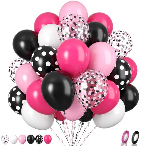 Pink Black Balloons Set, 60PCS Rose Red Black Birthday Balloons, 12 Inch Hot Pink White Latex Balloons Black Dots Pink Confetti Helium Balloons for Girls Mouse Theme Birthday Bridal Party Supplies