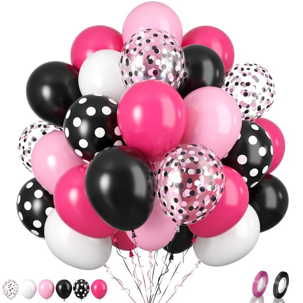 Pink Black Balloons Set, 60PCS Rose Red Black Birthday Balloons, 12 Inch Hot Pink White Latex Balloons Black Dots Pink Confetti Helium Balloons for Girls Mouse Theme Birthday Bridal Party Supplies