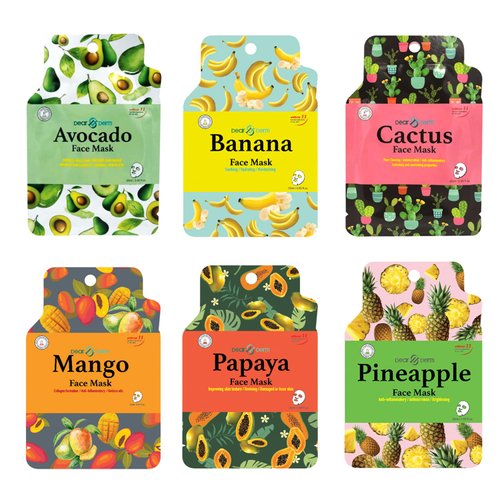 Dear & Derm 6 different kinds of tropical fruit masks, skincare sheet masks, face sheet masks, moisturizing, hydrating, soothing - 6 sheets packed in Gift box