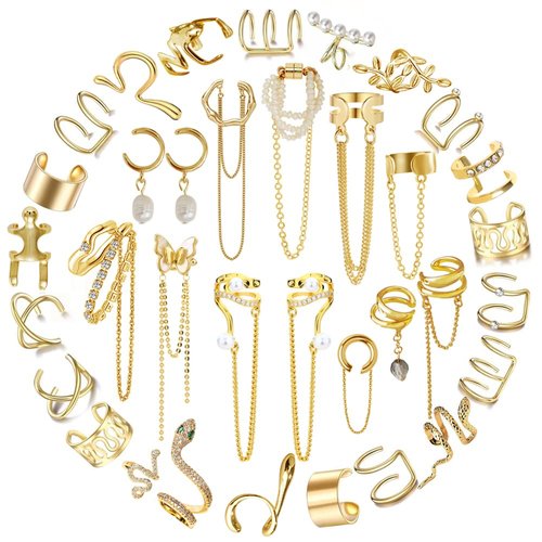 35 PCS Gold Silver Adjustable Ear Cuffs Earrings for Women Girls Non-Piercing Cartilage Clip on Earrings Wrap Ear Jewelry Set,Punk Snake Butterfly Claw Stud Earrings Gift (Gold)