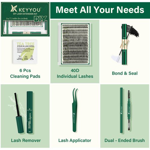 DIY Lash Extension Kit KEYYOU 300Pcs Individual Eyelash Extension Kit 40D 0.07C Curl 9-18MIX Lash Clusters Kit with Lash Glue Remover Applicator Easy to Use for Beginners(Kit-40D-0.07C,9-18MIX)