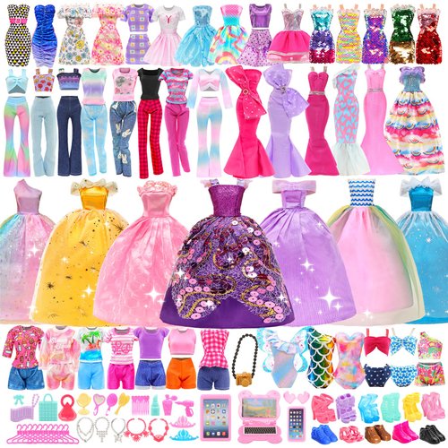 BARWA 70 Pack Doll Clothes and Accessories 3 Wedding Gown Dresses 5 Long Dresses Fashion Dresses 4 Tops 4 Pants 3 Swimsuits Bikini 5 Mini Dresses 15 Shoes Hangers Computer Cosmetic for 11.5 inch Doll