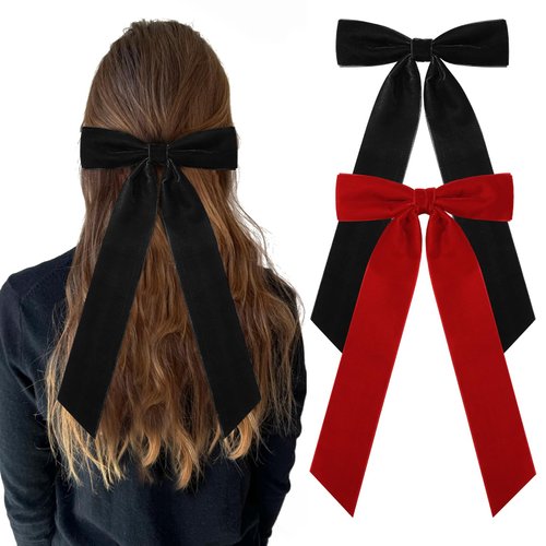 Aileam 2PCS Velvet Hair Bows Ribbon Hair Clip Black Red Accessories Ponytail Holder Accessories Slides Metal Clips Hair Bow for Women Girls Toddlers Teens Kids
