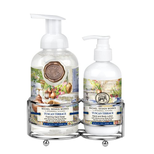 Michel Design Works Handcare Caddy, Tuscan Terrace Design and Scent with 17.8oz Foaming Hand Soap and 8oz Rich Hand Lotion, Beautiful Containers with Pumps
