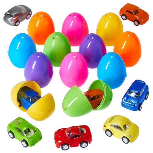 PREXTEX Stuffed Easter Eggs with Mini Pull-Back Car Inside - Plastic Easter Eggs Stuffed - Easter Egg Fillers for Toddlers - Easter Toys Basket Stuffers/Fillers - Easter Gift/Presents Stuffed Eggs