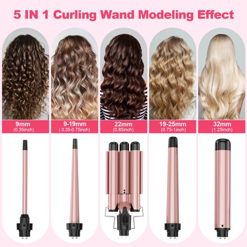 Curling Wand Set, Curling Iron Interchangeable 3 Barrel Curler with Ceramic Tourmaline Professional 5 in 1 Wand Curling Iron,for Women with Curler and Waver