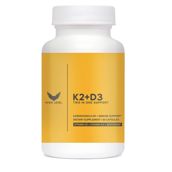 High Level K2-D3 - Vitamin K2 (MK7) with Two in One Support Complex with BioPerine (Black Pepper) | 60 Veggie Capsules | 5000iu D3 Cholecalciferol, 100mcg K2 | Heart, Bone and Immune Health