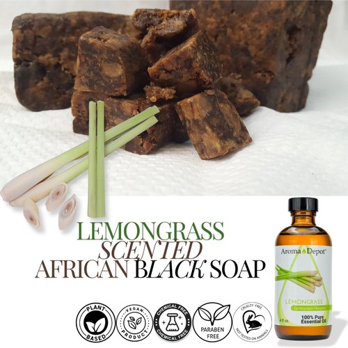 Aroma Depot African Black Soap 8 oz. Scented Lemongrass Bar Handmade with Shea Butter, Essential Oil. 100% Natural Infused Soap For Face and as a Body Wash