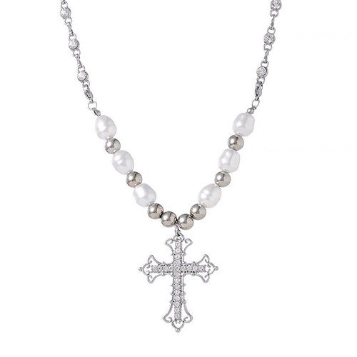Y2k Pearl Cross Necklace Coquette Aesthetic Baddie Crystal Pearl Cross Chain Necklace Cool Punk Vintage Jeweley for Women Girls