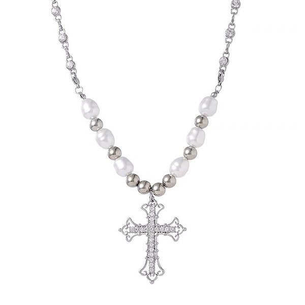 Y2k Pearl Cross Necklace Coquette Aesthetic Baddie Crystal Pearl Cross Chain Necklace Cool Punk Vintage Jeweley for Women Girls