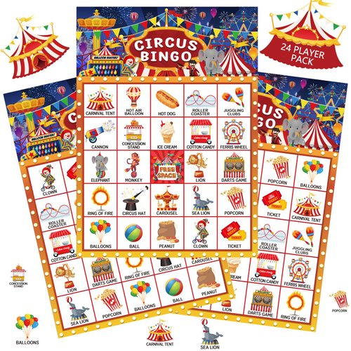 Liliful 35 Pcs Carnival Party Games 24 Players Circus Bingo Games Carnival Party Bingo Cards for Boys Girls Adults Family Classroom Activities Carnival Birthday Party Favors Supplies