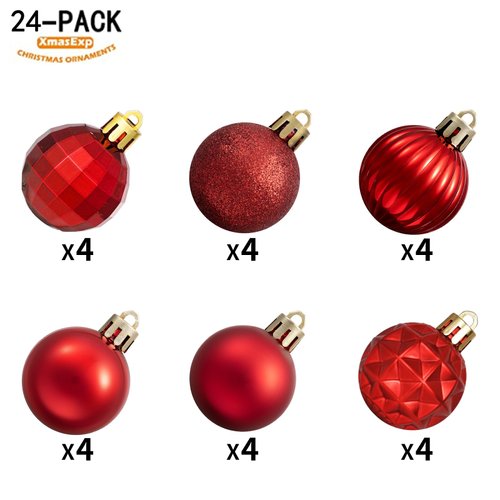 XmasExp 24ct Christmas Ball Ornaments Shatterproof Christmas Ornaments Set Decorations for Xmas Tree Balls 40mm/1.57" (1.57'', Red)