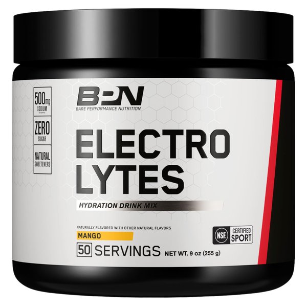 BARE PERFORMANCE NUTRITION BPN Electrolytes Hydration Drink Mix | Sugar Free Electrolyte Powder | 500mg Sodium per Serving | Naturally Sweetened | Mango, 50 Servings