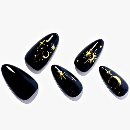 GLAMERMAID Press on Nails Medium Almond, Handmade Black Nails Polish Glue on Nails with Galaxy, 24Pcs Short Stiletto Acrylic False Nails Kit Reusable UV Finish Full Cover Stick on Nails for Women Gift