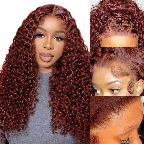 XNJ Reddish Brown Curly Wigs Human Hair 13x4 Auburn Brown Deep Wave Lace Front Human Hair Wig Pre Plucked with Baby Hair 150% Density HD Lace Frontal Wigs Human Hair 22Inch