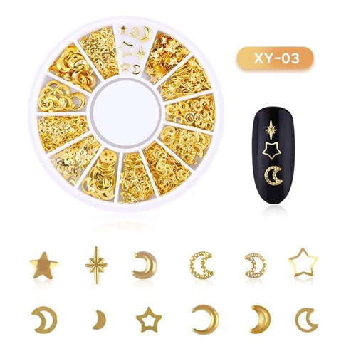 Mixed Gold Nail Charms Set Gold Nail Studs Gems Sparkling Rhinestones Metal Rivets Charms Hollow Moon Star Hearts Shaped Artificial Pearls DIY 3D Nail Art Decoration Rhinestones and Charms 1 Box