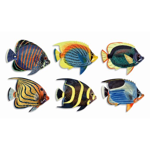 Handpainted L-A Tropical Fish Replica Wall Mount Decor Plaque 6" (Set Of 6)