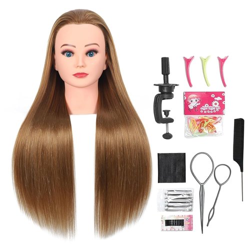 Mannequin Head With Hair，Training Doll Manikin Cosmetology Styling Head Hairdressing Training for Braiding with Free Clamp (gold)