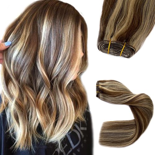 Sew in Hair Extensions Real Human Hair,22 Inch 120G Weft Hair Extensions Human Hair Chocolate Brown Balayage Blonde Highlights Hand-Tied Weft Hair Extensions Human Hair Sew in Weft Extensions