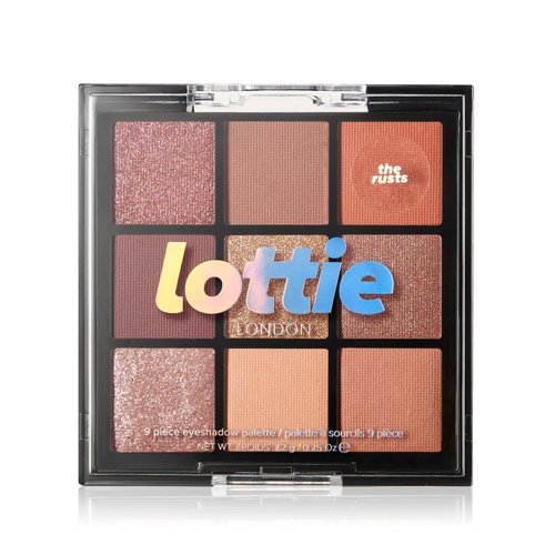 Lottie London Lottie Palette in The Rusts, 9 shade compact eyeshadow palette in metallic rust and brown shades in a mix of creamy mattes and sparkling shimmers