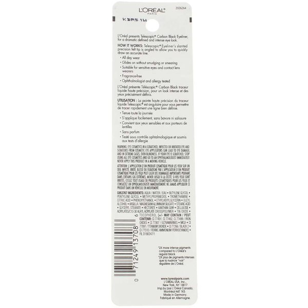 L'Oreal Telescopic Precision Liquid Eyeliner, Carbon Black [835] 0.08 oz (Pack of 2)