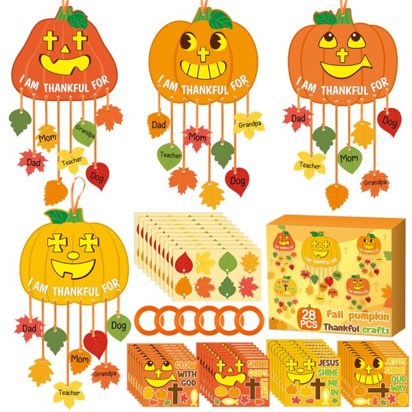 WATINC Fall Pumpkin Craft Kit - 28Pcs Christian Thankful Pumpkin Hanging Ornaments with Leaves Strings Decor, DIY Religious Fall Thanksgiving Pumpkin Faith Craft for Kids School Party Home Activities