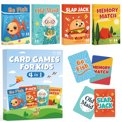 Etyishe Card Games for Kids Toddlers,Go Fish,Old Maid,Slap Jack and Memory Match,4 Decks in 1 Pack,Fun Educational Gard Games for Family Game Night Table Games,Great Easter Basket Stuffers and Gifts
