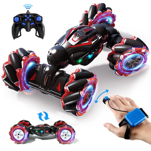 Deejoy 1:12 Red RC Stunt Car, 2.4GHz 4WD Remote Control Gesture Sensor Toy, Double Sided Rotating Off Road Vehicle 360° Flips with Lights Music, Cars for Boys & Girls Birthday