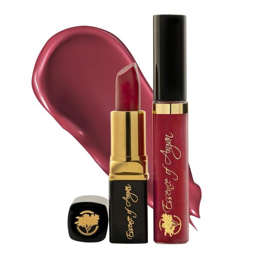 Essence Of Argan Lip Care Bundle - Moisturizing Deep Red Lipstick & Nourishing Lip Gloss with Organic Moroccan Argan Oil - Voluptuous Sexy Lips - Sun Protection, Long Lasting & Colorful Lip Balm Set…