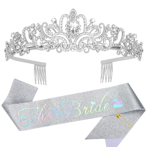 YARIEW Bride Crown and Bride Sash Bachelorette Party, Bridal Shower Decorations, Rhinestone Wedding Bridal Tiara, Glitter Bride Crown and Sash for Bachelorette Party Decorations Engagement Gift