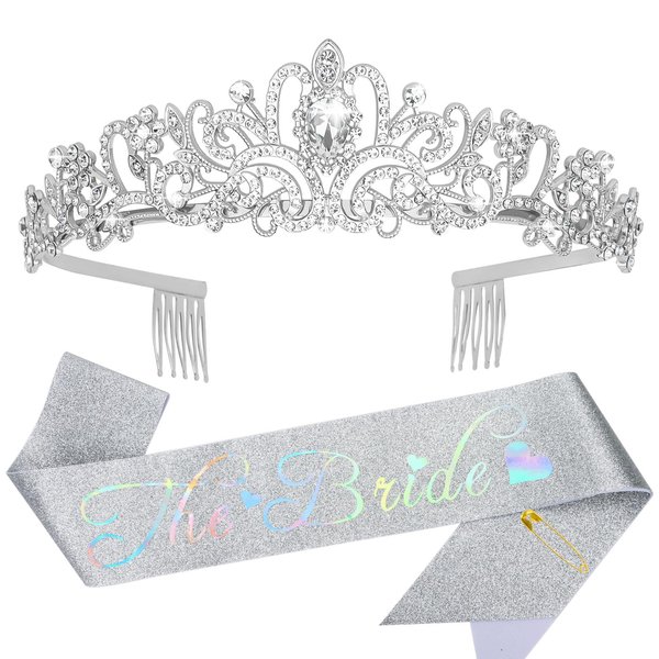 YARIEW Bride Crown and Bride Sash Bachelorette Party, Bridal Shower Decorations, Rhinestone Wedding Bridal Tiara, Glitter Bride Crown and Sash for Bachelorette Party Decorations Engagement Gift