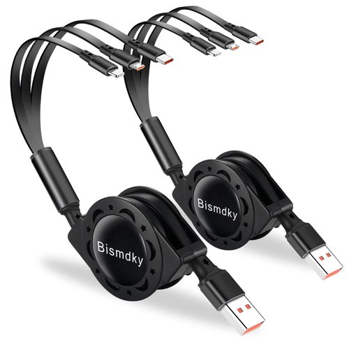 Bismdky 2 Pack 3 in 1 Multi USB Retractable Fast Charger Cable,Multiple Charging Cord Adapter with IP/Micro USB/Type C Port Adapter, Fast Charging Compatible with Cell Phones Tablets Universal Use
