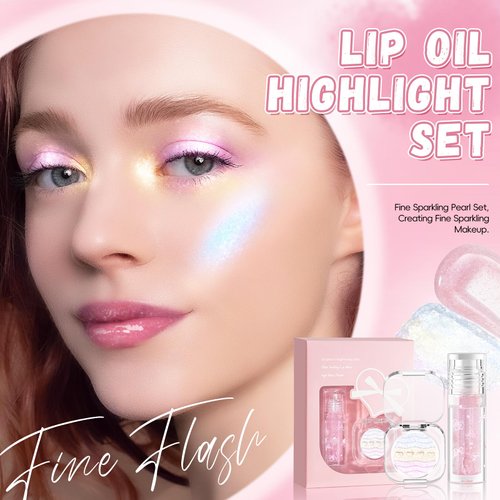 HOSAILY Face Highlighter+ Nude Pink Glitter Lip Gloss, Holographic Sparkle Color Shifting Inner Corner Eye Highlighter Illuminator with Watery Shimmer Plumping Mirror Lip Glaze Makeup Gift for Women