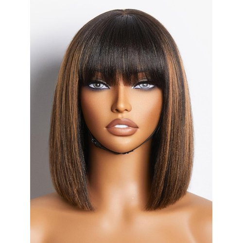 LUVME HAIR 10 Inch Yaki Straight Bob Wig with Bangs Human Hair Glueless HD Lace Bob Wig with Brown Highlights, Ready to Go Short Wigs For Women 180 Density (Breathable Cap)