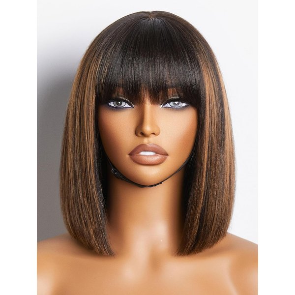 LUVME HAIR 10 Inch Yaki Straight Bob Wig with Bangs Human Hair Glueless HD Lace Bob Wig with Brown Highlights, Ready to Go Short Wigs For Women 180 Density (Breathable Cap)