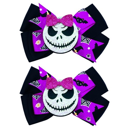 2 PCS Halloween Hair Clips Bows for Girls Halloween Skull Hair Clips Black Purple Grosgrain Ribbon Bows Halloween Glitter Hair Accessories for Halloween Party Decoration Supplies