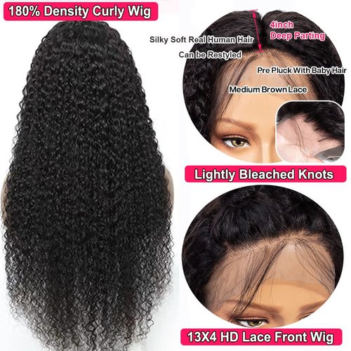 JIETAI 13X4 HD Lace Front Wigs Human Hair Pre Plucked with Baby 180% Density Brazilian Curly Wave for Black Women 9A Glueless frontal Natural Color (26 Inch)
