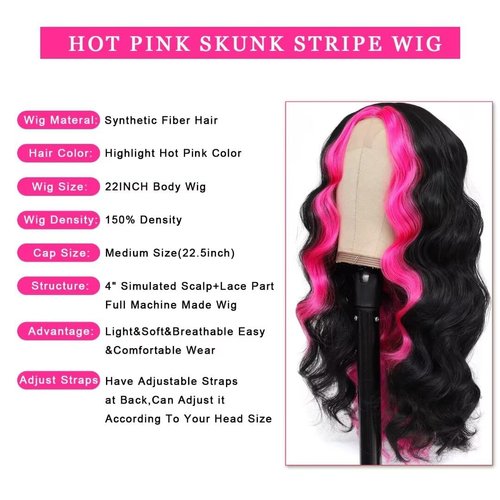 msloosily Hot Pink Skunk Stripe Wigs 22inch Highlight Synthetic Hair Lace Front Wigs for Black Women Middle Part Fake Scalp Long Wavy Wig Natural Looking Synthetic Body Wave Wigs
