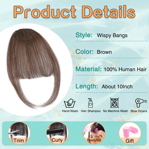Wirctp Clip in bangs Real Human Hair Wispy Bangs 100% Human Hair Clip on Bangs for Women Hair Extensions Curtain Bangs Hair Clip Fake Bangs Hair Pieces For Daily Wear（Brown）